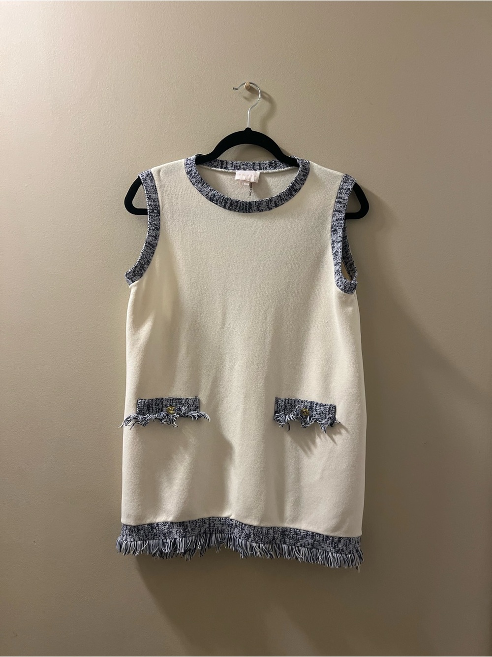 entro Cream Knit Fringe Trim Sleeveless Shift Dress with Gray Trim